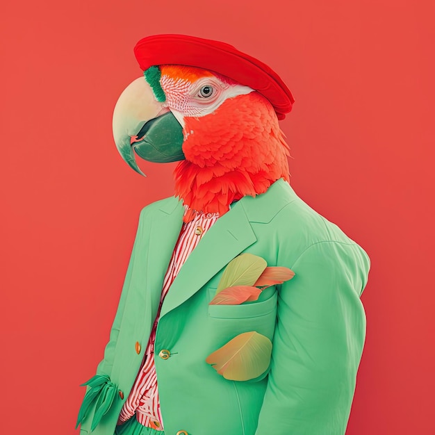 Papagaio da moda em terno e chapéu Vermelho e verde cores brilhantes Generative AI