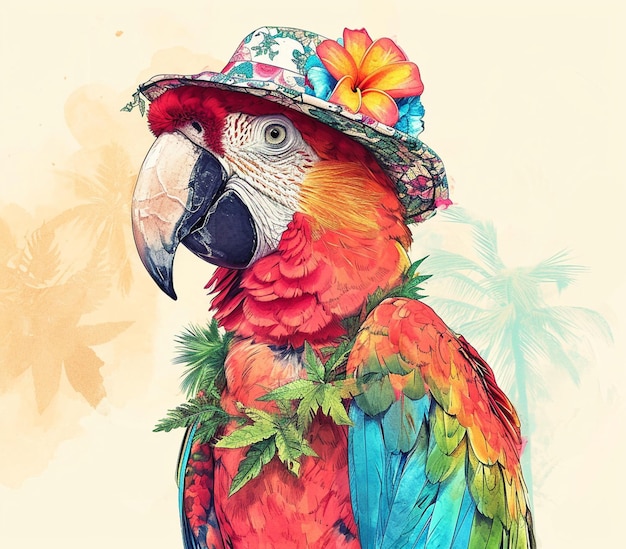 papagaio de cores brilhantes com um chapéu e flores na cabeça