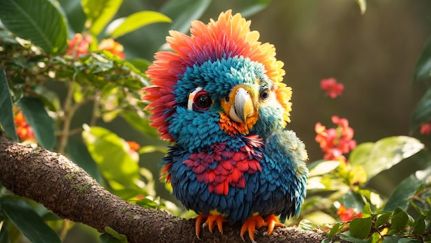 Papagaio de desenho animado bonito folhas tropicais flores
