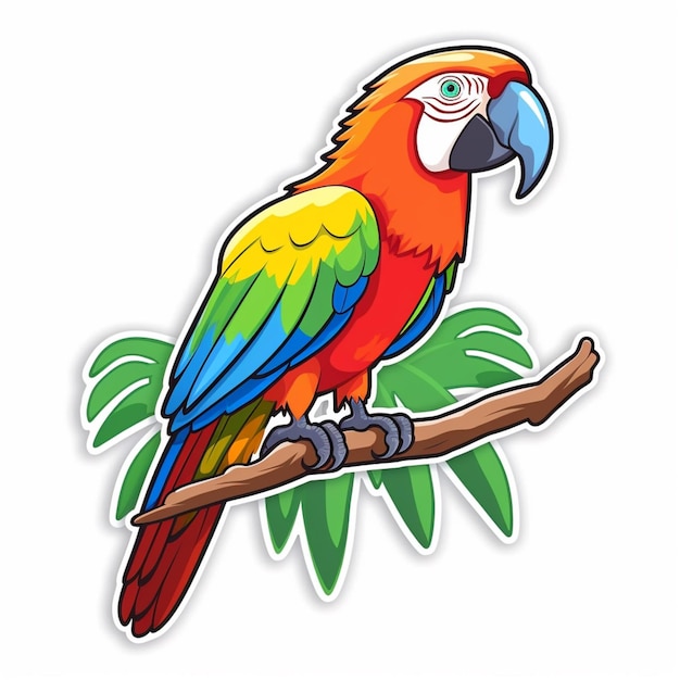 papagaio de desenho animado sentado em um ramo de uma árvore com folhas generativas ai