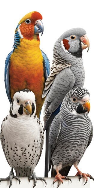 Foto papagaio de estimação comum papagaio cinzento africano pássaros amorosos zebra finch e cockatielin frente de fundo branco