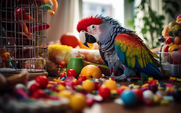 Papagaio do paraíso cheio de nutrientes rodeado de brinquedos e frutas frescas
