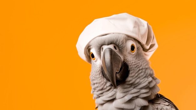 Foto papagaio em chapéu de chef em um fundo laranja lugar para o seu texto