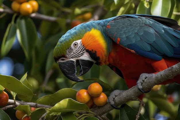 Papagaio empoleirado em um galho comendo frutas IA generativa