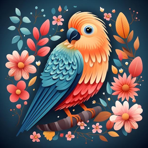 papagaio fofo com flor estilo doodle mínimo cores pastel papagaio pássaro
