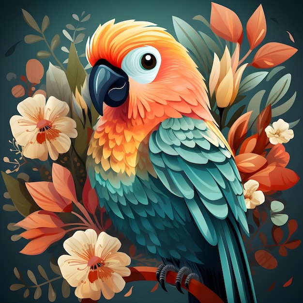 papagaio fofo com flor estilo doodle mínimo cores pastel papagaio pássaro