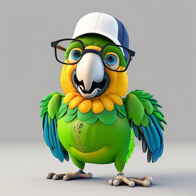 Foto papagaio fofo com lindas cores brilhantes ele ri sarcasticamente usa óculos usa boné ha