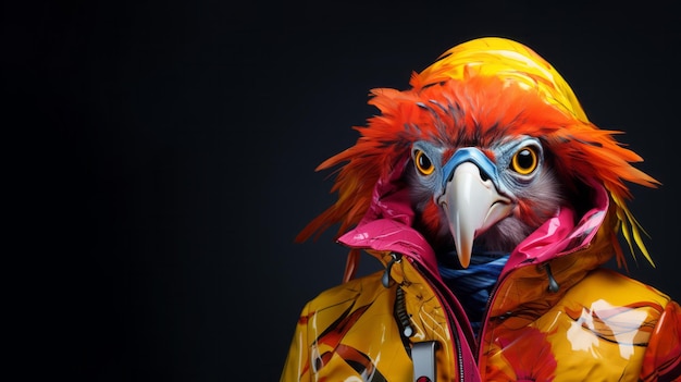 Papagaio futurista colorido usando casaco amarelo de outono retrato de pássaro cyberpunk de fantasia pop art