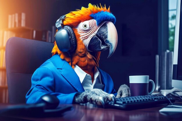 Papagaio guacamayo con auriculares y traje de oficina en la oficina Concepto de operador de centro de llamadas