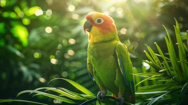 El papagaio iluminado por el sol se alza en el exuberante bosque tropical exótico de la vida silvestre en su hábitat natural