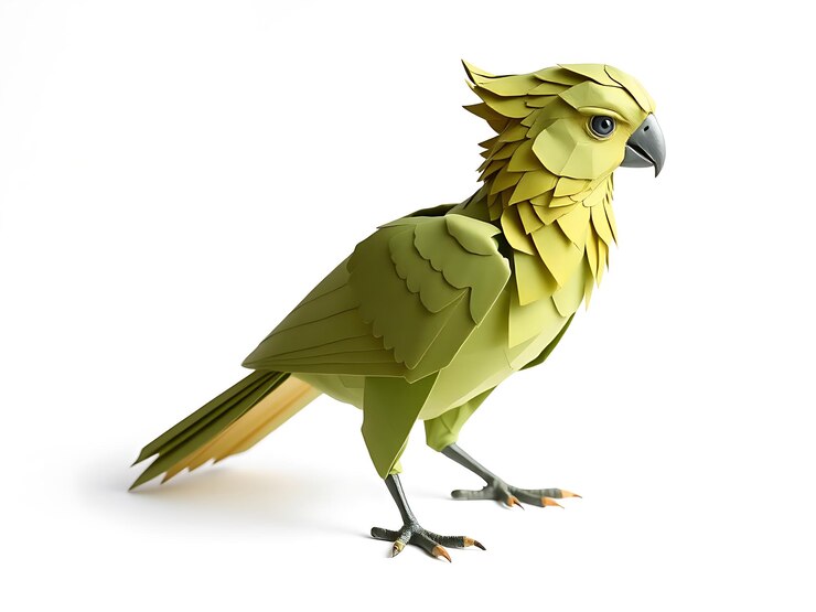 Foto papagaio origami verde cal intrincada escultura de papel sobre un fondo blanco