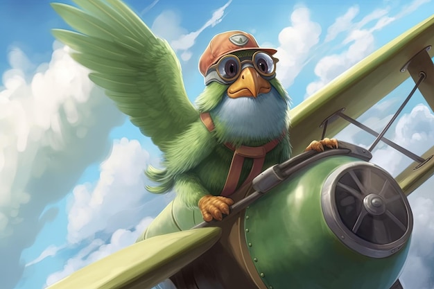 Papagaio ousado usando um chapéu de aviador e óculos voando em um biplano através de um céu nublado em direção a uma aventura desconhecida olhos grandes ilustração estilo cartoon ai generativa