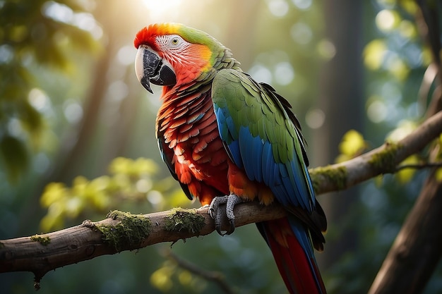 Papagaio pássaro-papagaio verde-vermelho misto no ramo da árvore da floresta profunda