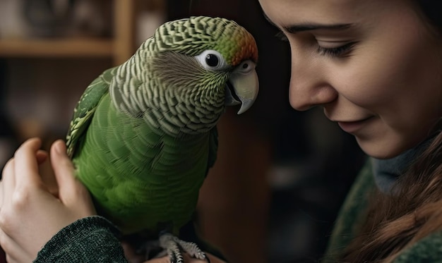 Papagaio Quaker verde está sentado no ombro de uma mulher IA generativa
