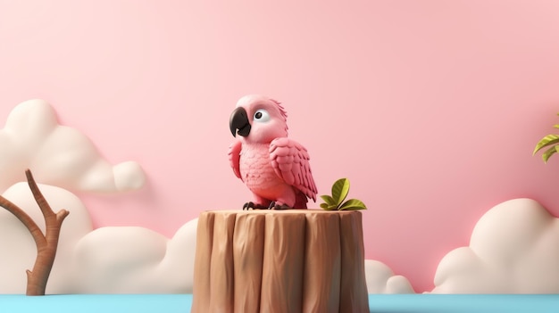 Papagaio tropical rosa no tronco Arte de desenho animado 3D