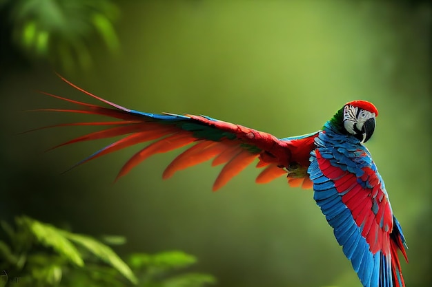 Papagaio vermelho-azul com uma asa espalhada em um fundo verde de ilustração 3D de plantas