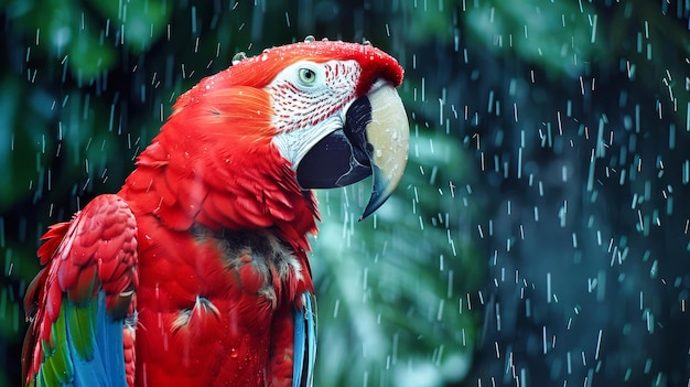 Papagaio Vermelho de pé na chuva