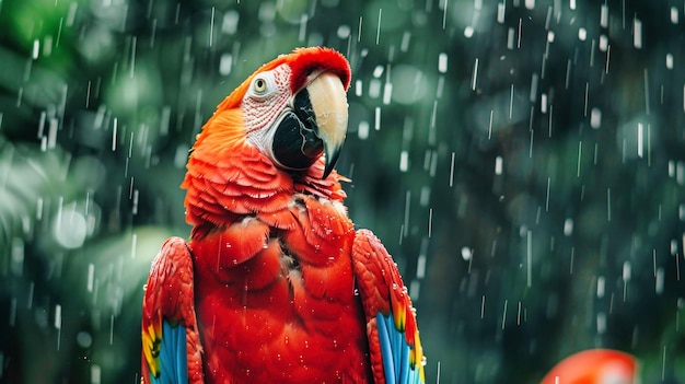 Papagaio Vermelho de pé na chuva