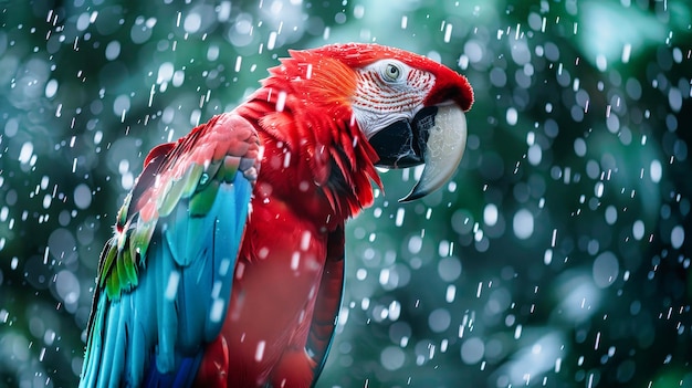 Papagaio vermelho e azul de pé na chuva