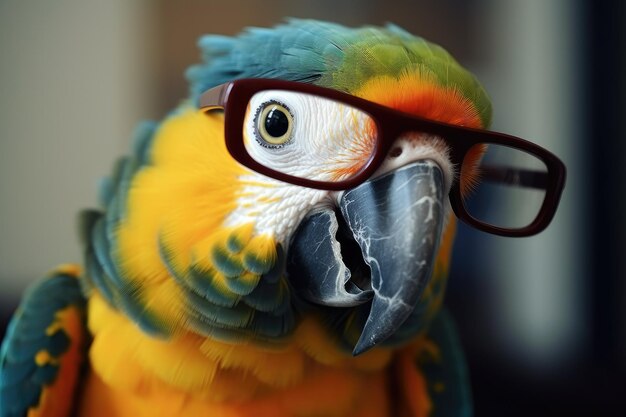 Papagaio vibrante usando óculos na cabeça Generative AI