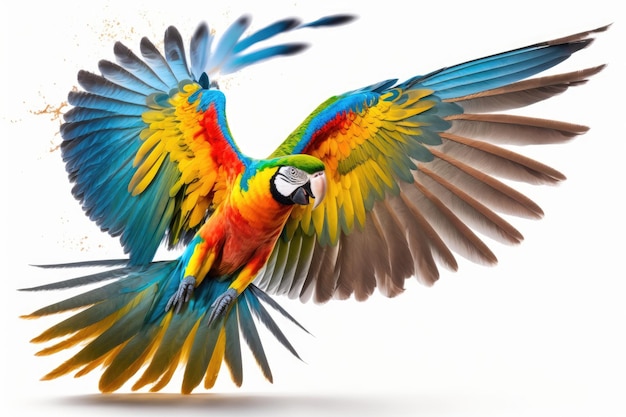 Papagaio voando em cores isoladas em branco