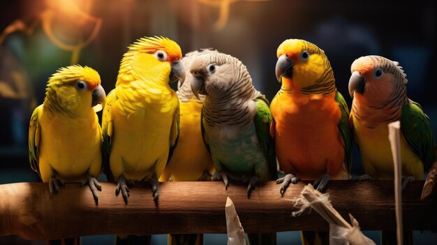 Papagaios anões coloridos inteligentes que são sociáveis no retrato
