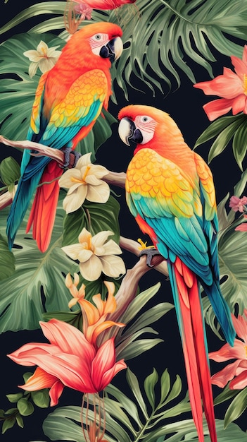 Papagaios coloridos empoleirados em um papel de parede de árvore tropical para o telefone