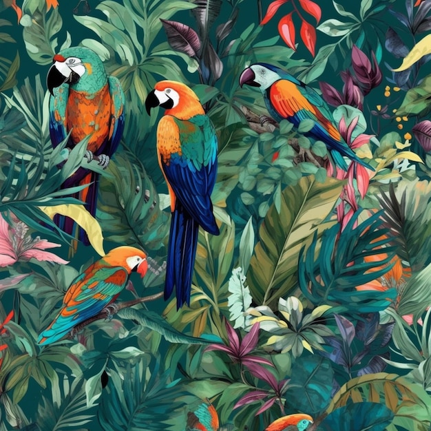 Papagaios coloridos na selva com folhas tropicais.