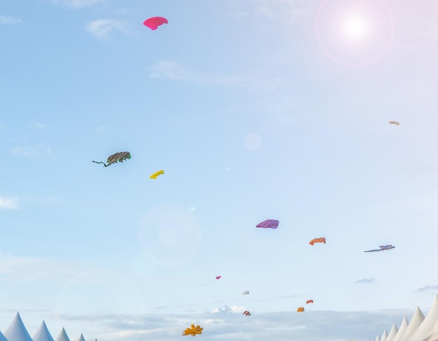 Foto papagaios coloridos voando contra o tempo ventoso são passatempo em frente ao pátio um céu azul no kite festival em satun tailândia