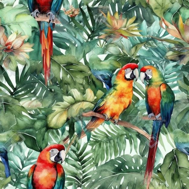 Papagaios em um galho na selva.