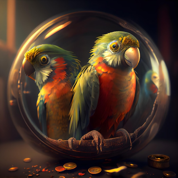 Papagaios em uma esfera de vidro com moedas em um fundo escuro