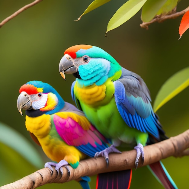 Papagaios exóticos adicionando cores vibrantes ao cenário verde da floresta