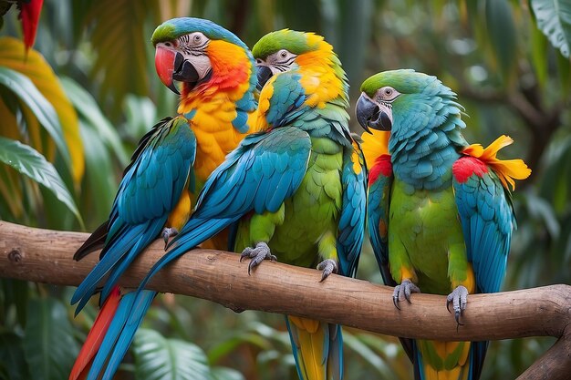 Papagaios exóticos sentados em um ramo de vida selvagem