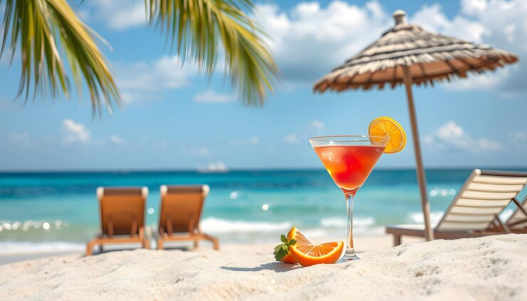 Foto papagei mit cocktail im urlaub am strand isoliert mit weißen highlights