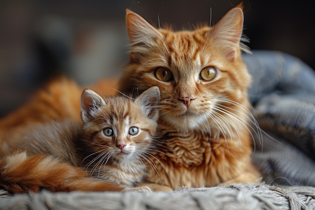 papai gato e um gatinho pequeno ambos gato vermelho