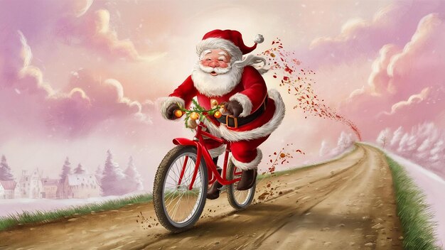 Foto papai noel a andar de bicicleta numa estrada de terra