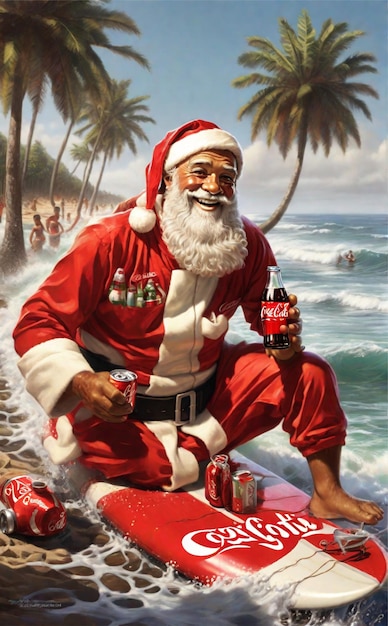 Papai Noel a surfar e a tomar coca-cola