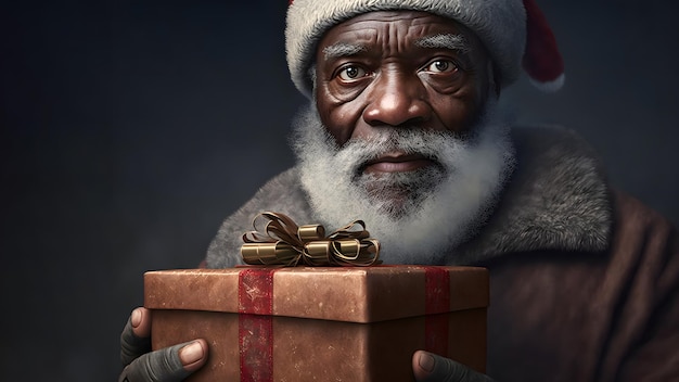 Papai Noel afro-americano com caixa de presentes fecha o retrato com arte gerada pela rede neural de iluminação Rembrandt