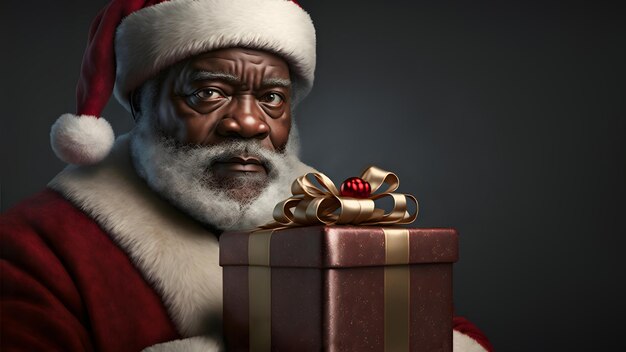Papai Noel afro-americano com caixa de presentes fecha o retrato com arte gerada pela rede neural de iluminação Rembrandt