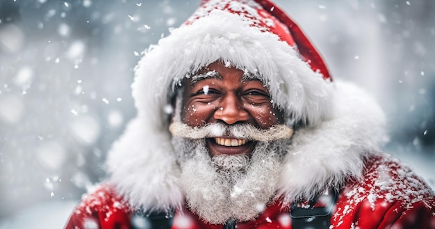 Papai Noel afro-americano preto afro papai noel na paisagem de neve branca feliz retrato sorridente alegre