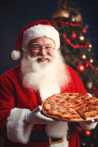 Papai Noel alegre com uma pizza grande e deliciosa Comida pronta para o Ano Novo