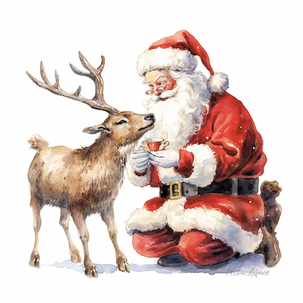 Papai Noel alimentando uma rena com uma garrafa de leite generativo ai