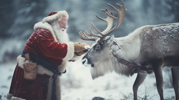 Papai Noel alimentando uma rena em uma floresta nevada