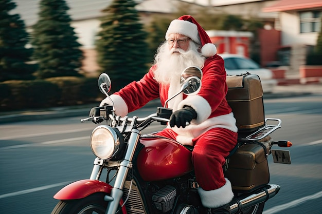 Papai Noel andando de moto na cidade