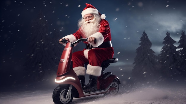 Papai Noel andando de scooter à noite com abetos ao fundo