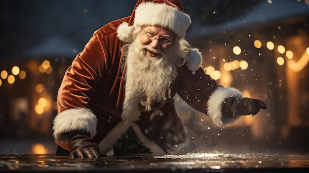 Papai Noel arranjando uma pista de patinação no gelo ao ar livre cercada por luzes cintilantes