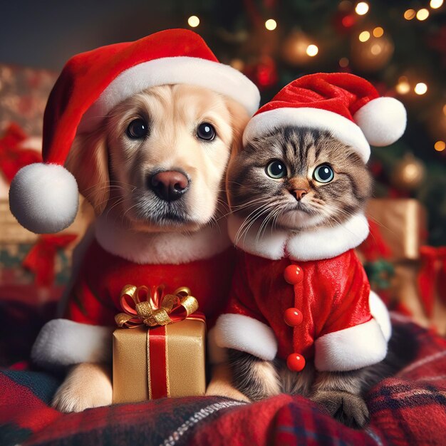 Papai Noel cão e gato de Natal