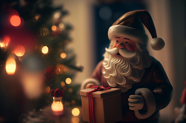 Papai Noel com caixa de presente no fundo da árvore de natal no nightgenerative ai