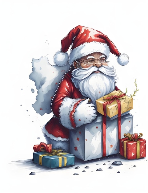 Papai Noel com caixa de presentes e árvore de Natal em fundo branco