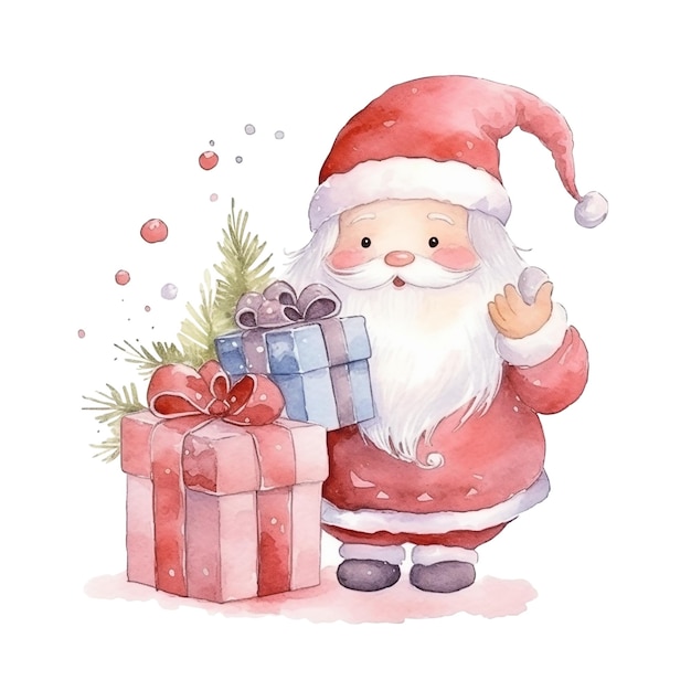 Papai Noel com caixas de presente isoladas no fundo branco Ilustração de natal em aquarela IA generativa